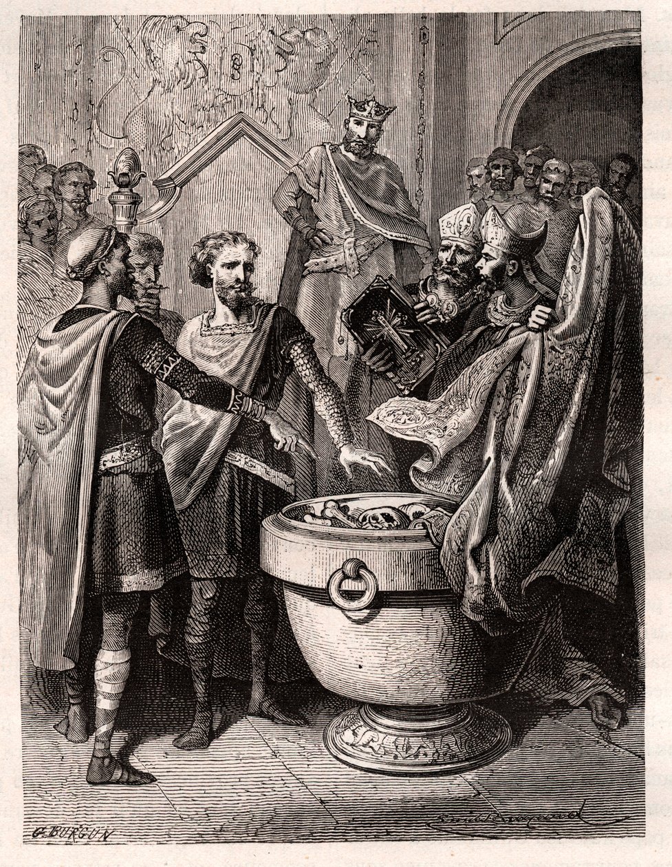 Harold II (1020-1066) sidste angelsaksiske kongekrone i 1064, svoret ind på hellige relikvier før Vilhelm I Erobreren for at støtte hans sag ved Englands trone ved skriftefaderen Edwards død, omkring 1064 (Harold sværger en ed på hellige relikvier ( af French School