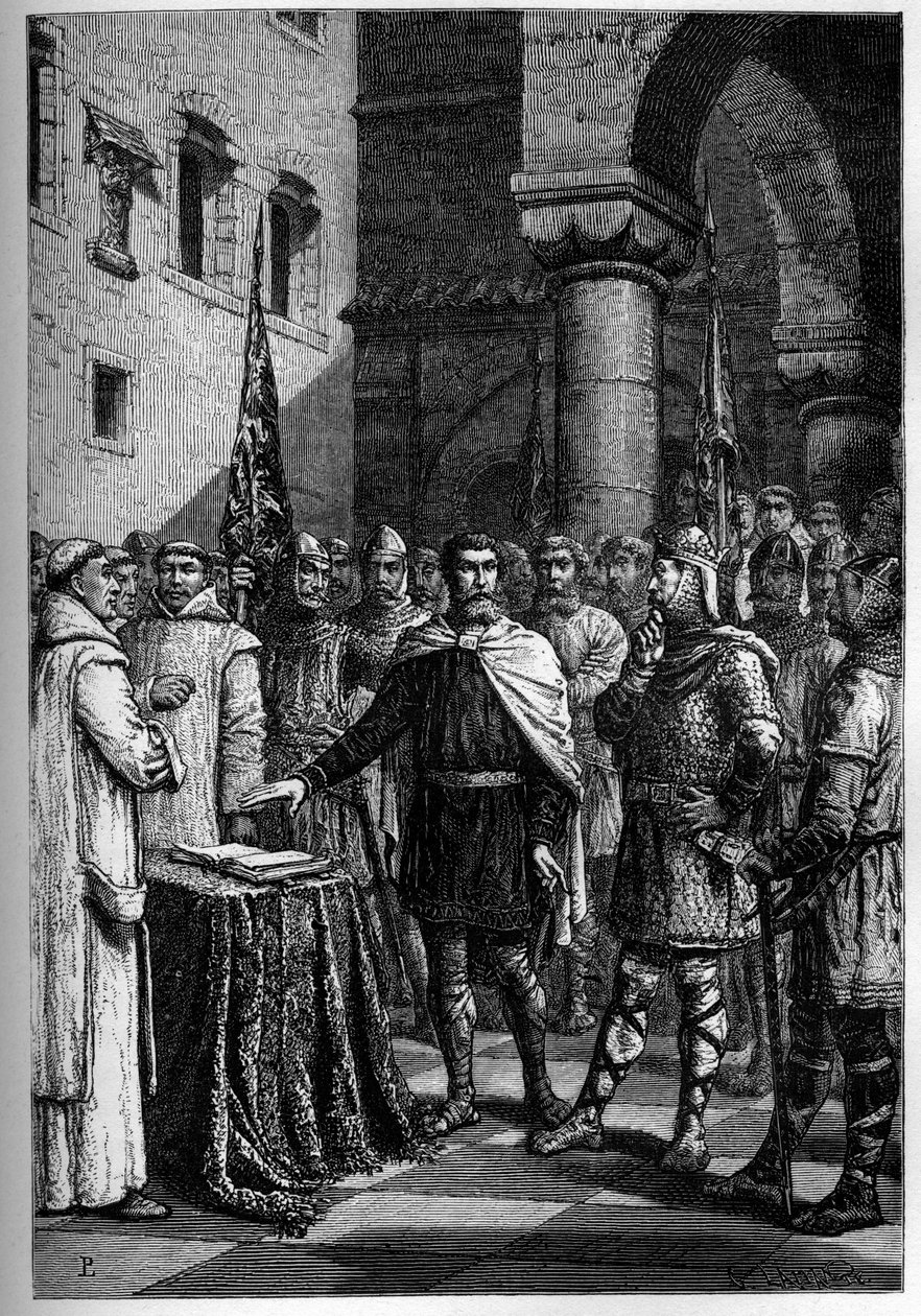 Harold, konge af englænderne, sværger troskab til Guillaume, hertug af Normandiet (William I) - Harold II (1020-1066) sidste anglosaksiske kongekrone i 1064, idet han aflagde ed på de hellige relikvier før Vilhelm I Erobreren for at støtte sin sag kl. Engl af French School