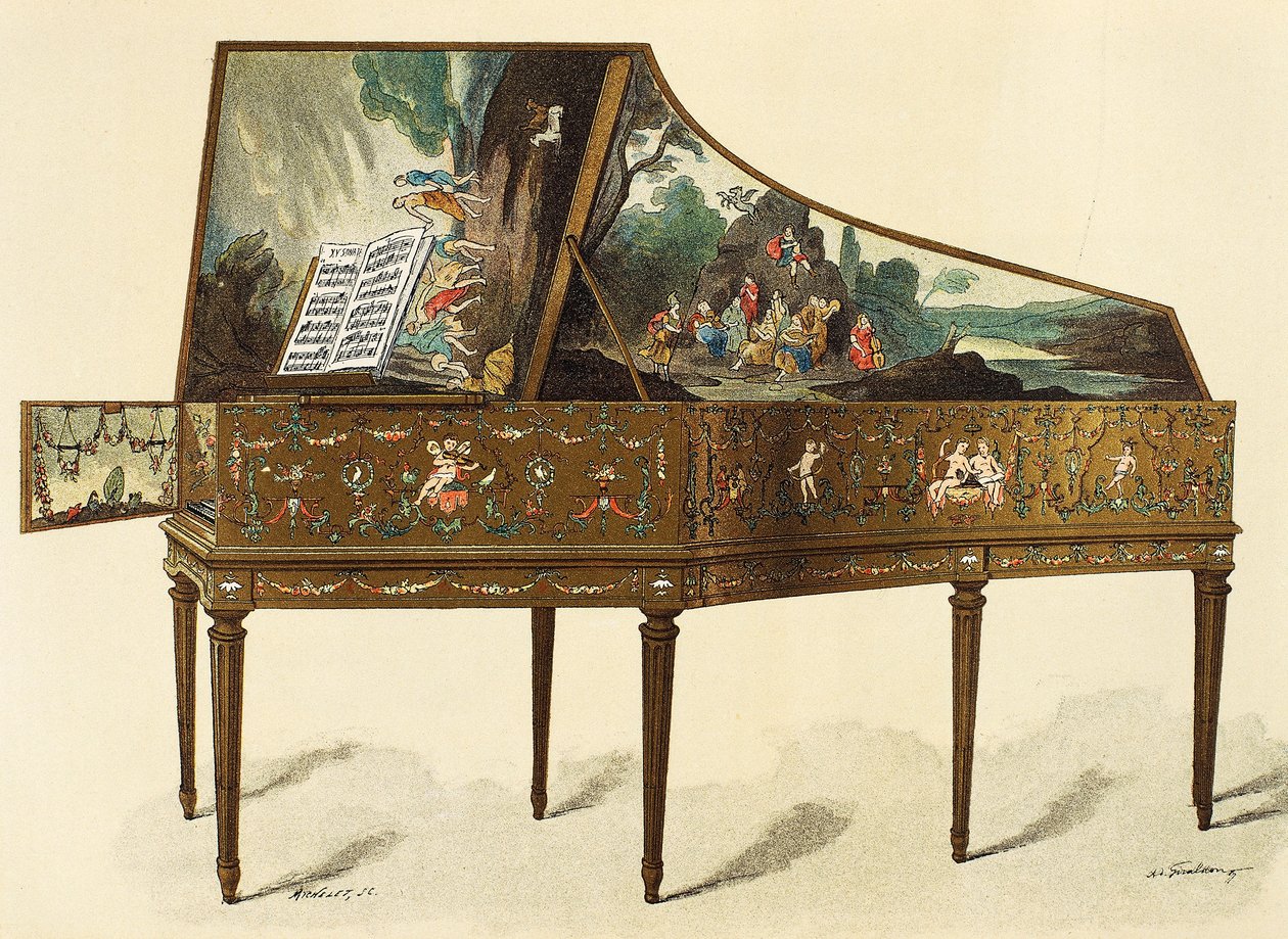 Cembalo dekoreret med grotesker, illustration fra Dictionary of Furniture and Decoration, af Henry Havard, bind I af French School