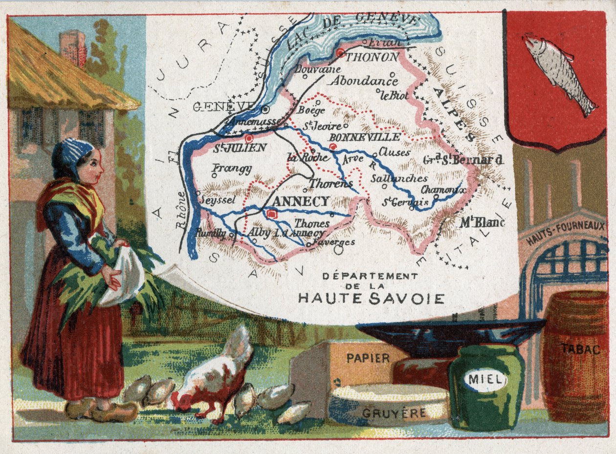 Haute Savoie (Haute-Savoie, 74), Rhone Alpes (Rhône-Alpes), Frankrig. Lokal specialitet: papir, gruyere, honning, tobak og højovne. Serie om de franske departementer. Chromolithography (Chromo) "" den geografiske tråd"", ca. 1920. Privat samling af French School