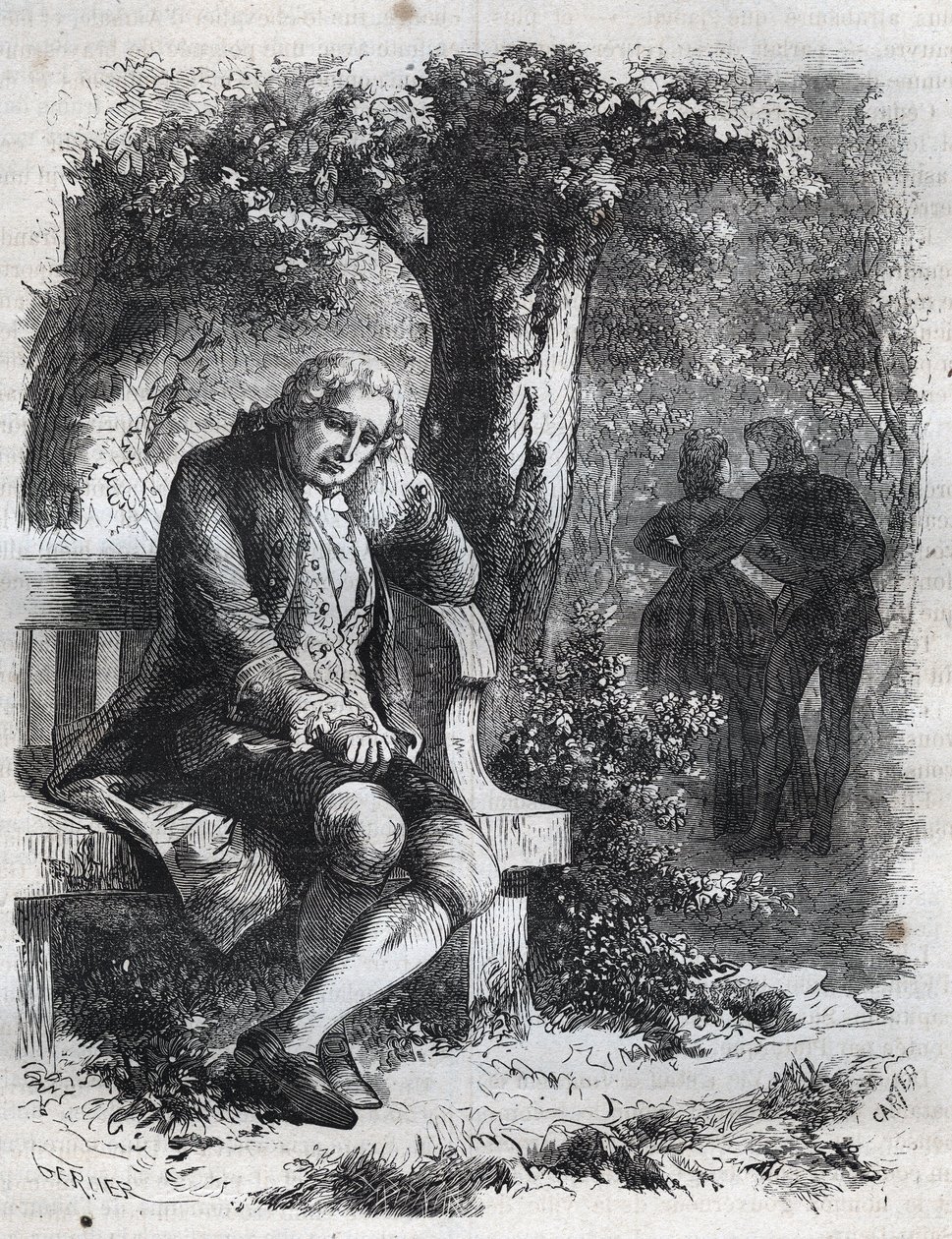 Han hørte hvisken af et kys." Den schweiziske filosof Jean Jacques (Jean-Jacques) Rousseau (1712-1778) overrasker sin kammerat Marie-Therese (Marie Therese) Le Vasseur (Levasseur) (1721-1801) i fuldt utroskab. Stik fra 1871 i “Histoire Des Cocuses af French School