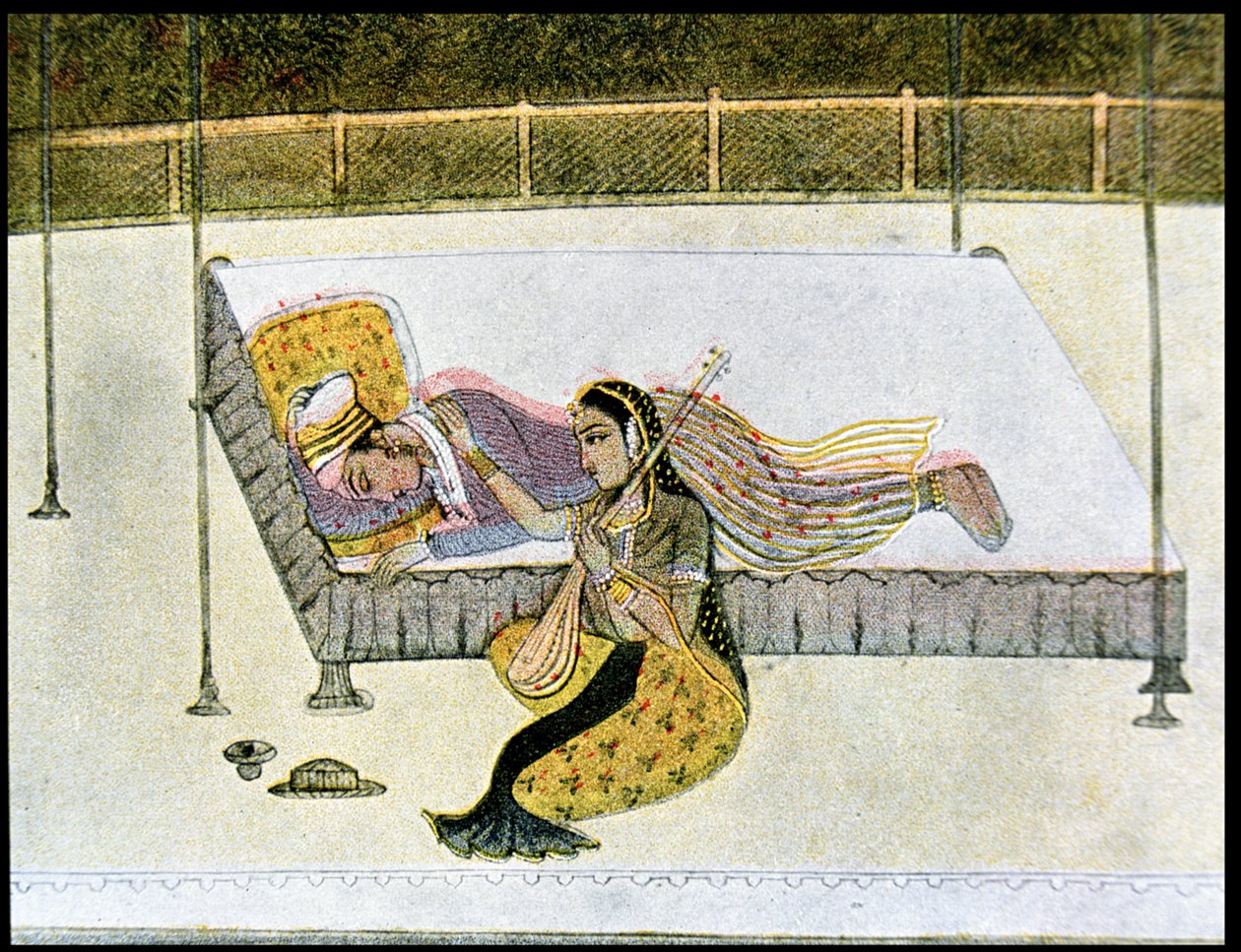 Han er intet uden musik, illustration til The Arabian Nights, 1895 (farvegravering) af French School