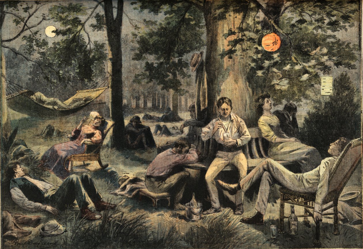 Varme i New York: beboere slår lejr i parkerne, fra avisen "Le Petit Parisien", den 26/07/1908 (gravering) af French School