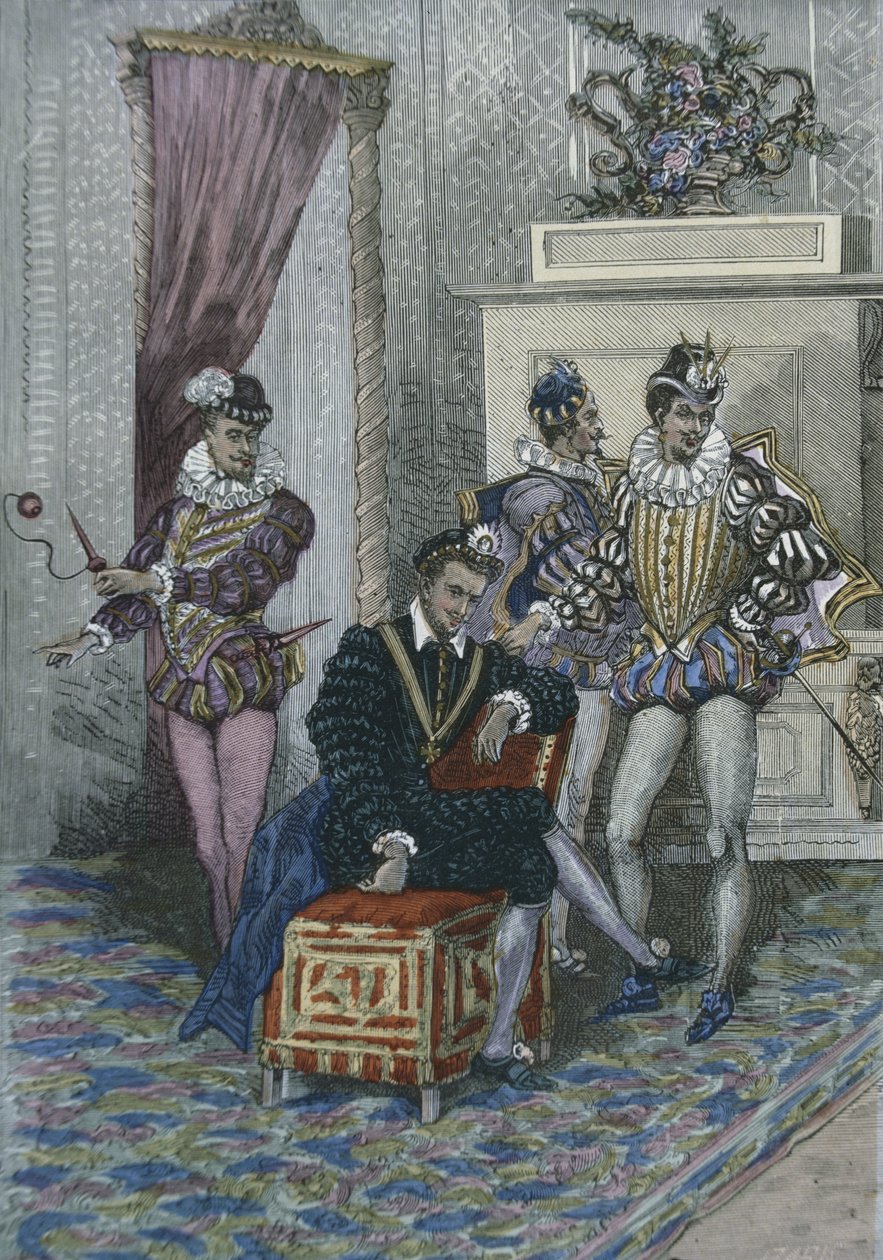 Henri III (1551-89) og hans favoritter (farvegravering) af French School