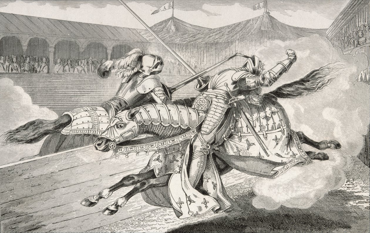 Henri II (1519-59) bliver dødeligt såret ved en dyst under sin datters bryllupsfestligheder, fra 