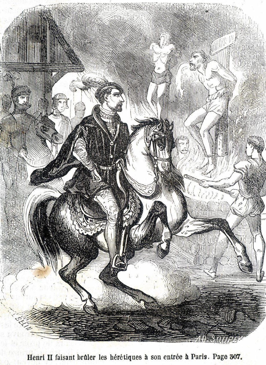 Henri II (1519 - 1559) fik kætterne til at brænde ved sin indgang til Paris - i "Histoire de France" af L.-P. Anquetil af French School