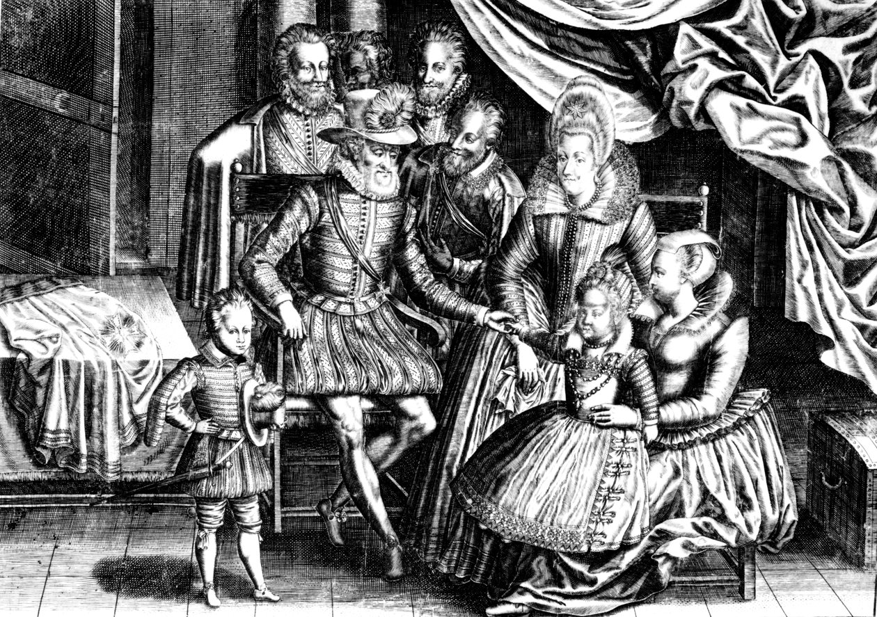 Henri IV (1553-1610) Konge af Frankrig med sin familie og sine rådmænd af French School