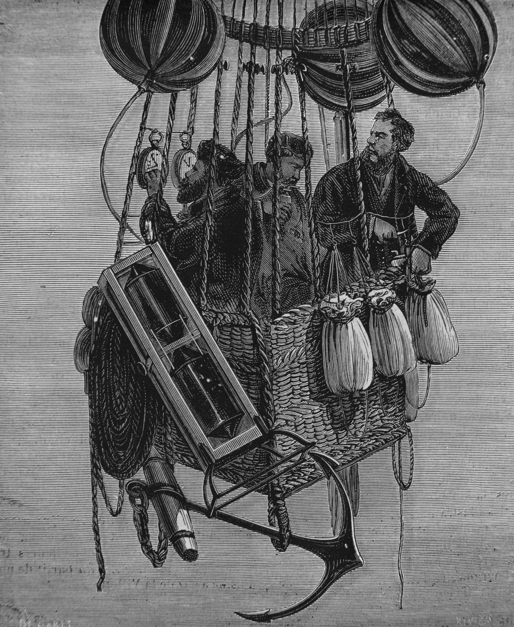 Henri Theodore Sivel (1834-75), Joseph Croce Spinelli og Gerard Tissandier i ballonen Zeniths gondol, 15. april 1875 af French School