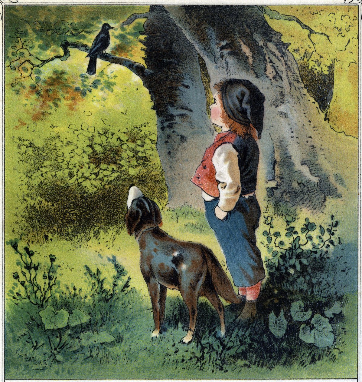 Henri observerer en solsort på en gren i skoven og vender tilbage til sit liv, hvis han var en fugl. Kromolitografi fra "" Childhood Scenes"" udg. Guerin - Muller omkring 1885. af French School