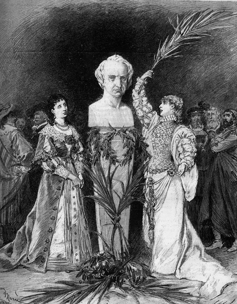 Henriette Rosine Bernard kaldte Sarah Bernhardt (1844-1923) og reciterede "Slaget ved Hernani" af Francois Coppee foran busten af Victor Hugo (1802-1885) i anledning af halvtredsårsdagen for stykket "Hernani". Paris, Comedie Francaise af French School