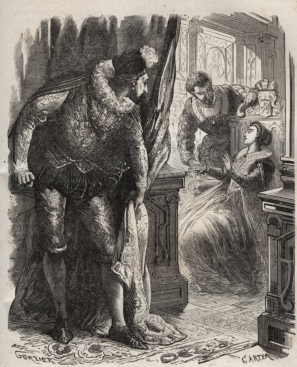 Henry (Henry) Stuart dit Lord Darnley (1545-1567) overraskede sin kone, dronning Mary (Mary) Iere Stuart (1542-1587), med sin private sekretær, David Rizzio (d. 1566). Indgravering fra 1871 i "Histoire Des Cocuses Celebres"" af Henry de Kock (1819-1892). af French School