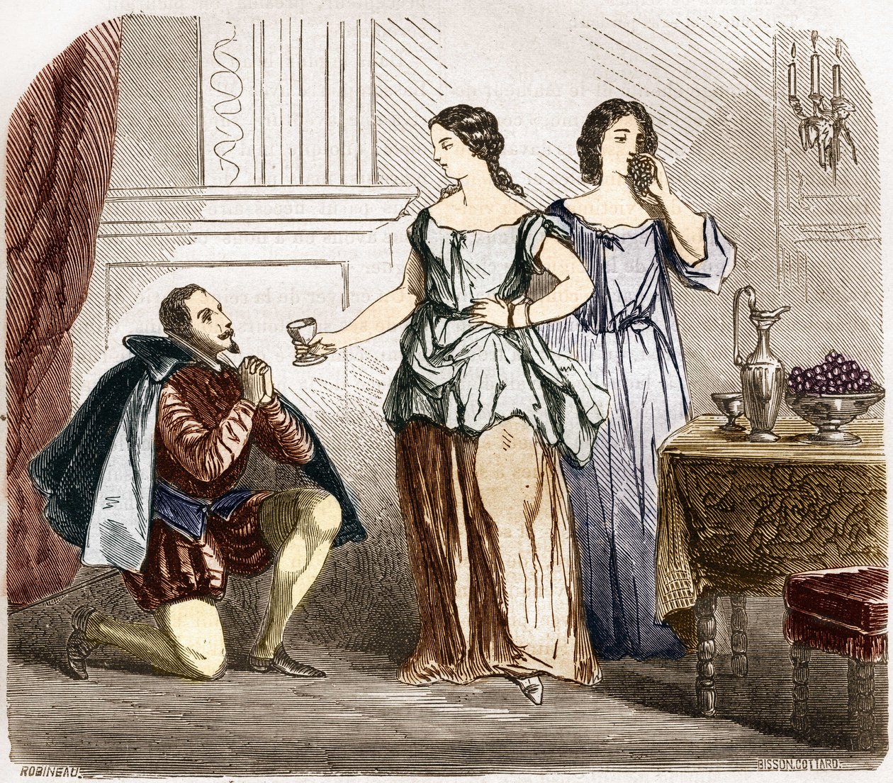 Henrik IV (1553-1610), konge af Frankrig, der betjenes af halvnøgne kvinder. Indstik i "Prostitutionens og udskejelsens historie blandt alle verdens folkeslag fra oldtiden til i dag" af Dr. Th. -F. Debray. 1879. af French School