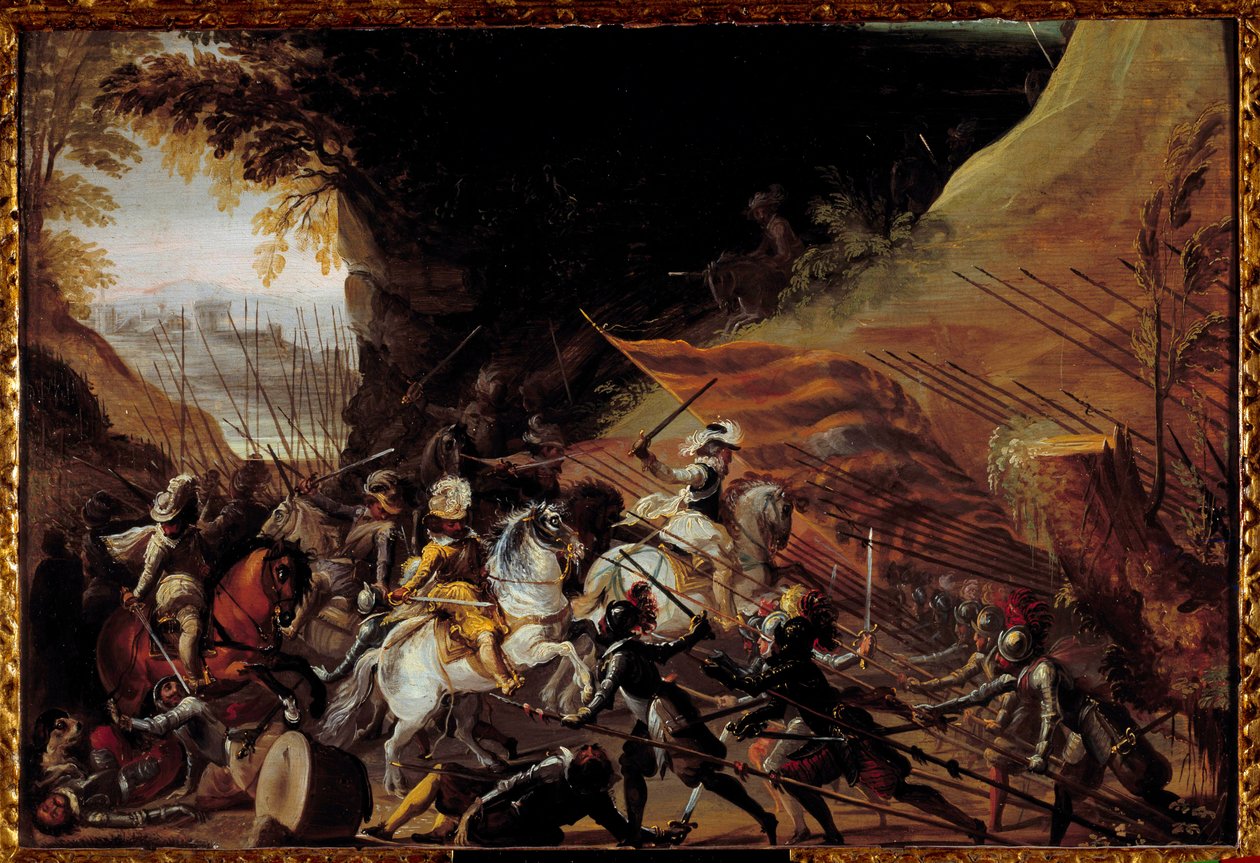 Henrik IV (1589-1610) laster i spidsen for sit kavaleri. Anonymt fransk maleri fra det 17. århundrede. Olie på træ. Mål: 0,35 X 0,52 m. Pau, Musee Du Chateau af French School