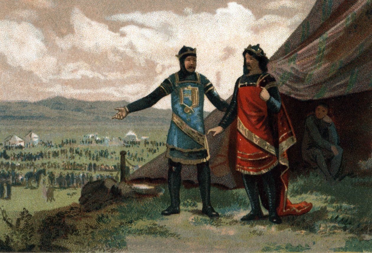 Henrik I, konge af Frankrig (1008-1060) modtog hertugen af Normandiet Robert Djævelen (også kendt som Le Magnifique) og forsynede ham med en hær til at genvinde sit kongerige. Kromolitografi omkring 1890. af French School