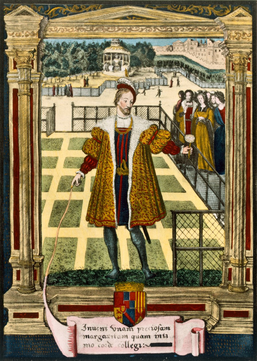 Henry dAlbret (1503-55), konge af Navarra overrækker en Marguerite-blomst til Marguerite, søster til kong Francois I, som han giftede sig med i 1527 af French School