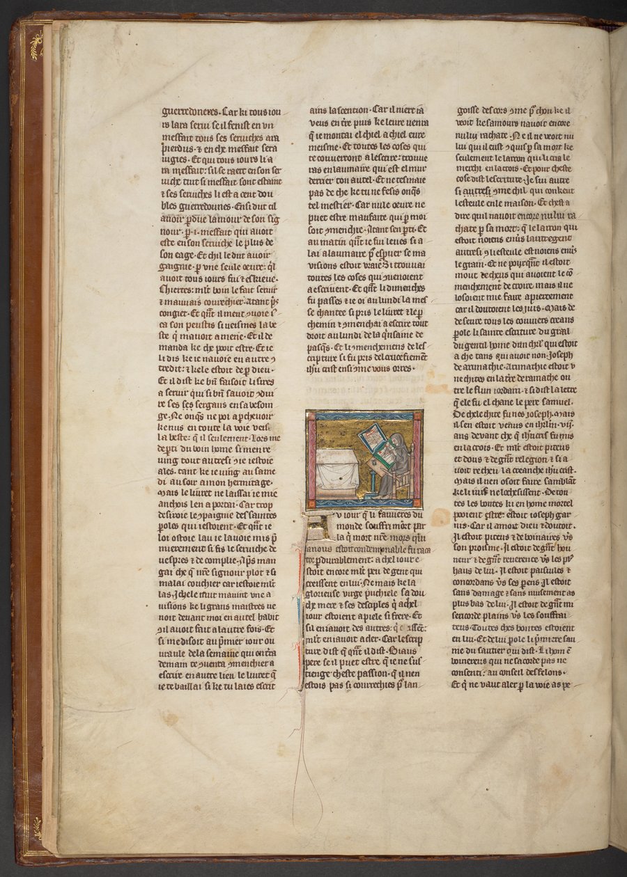 Eremit skriver ved et skrivebord, fra "Estoire del Saint Graal, La Queste del Saint Graal, Morte Artu", ca. 1315-25 (blæk på pergament) af French School