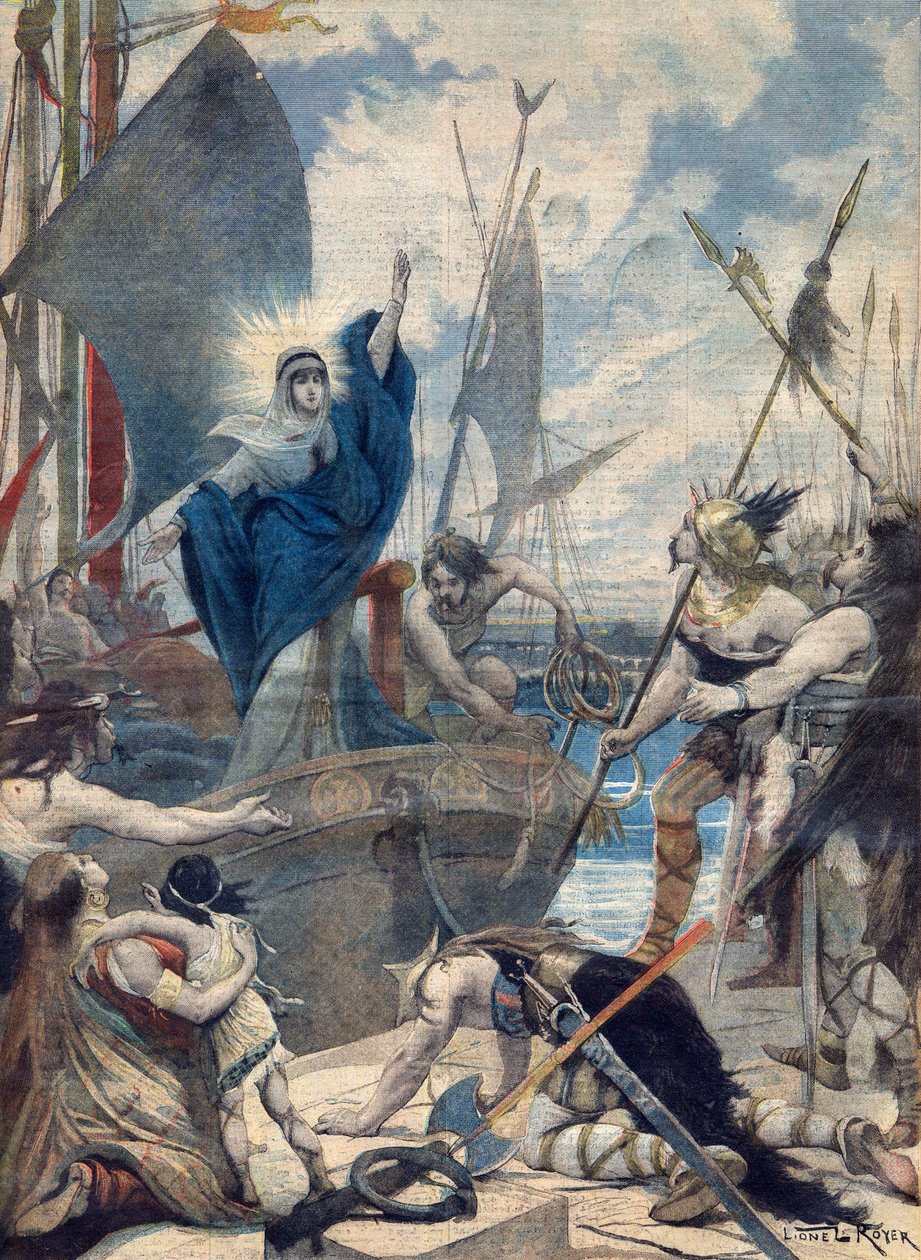 Frankrigs heltinder: St. Genevieve (423-512). Les heroines de France - Invasions barbares - Sainte Genevieve redder byen Paris. Illustration til Le petit Journal af French School