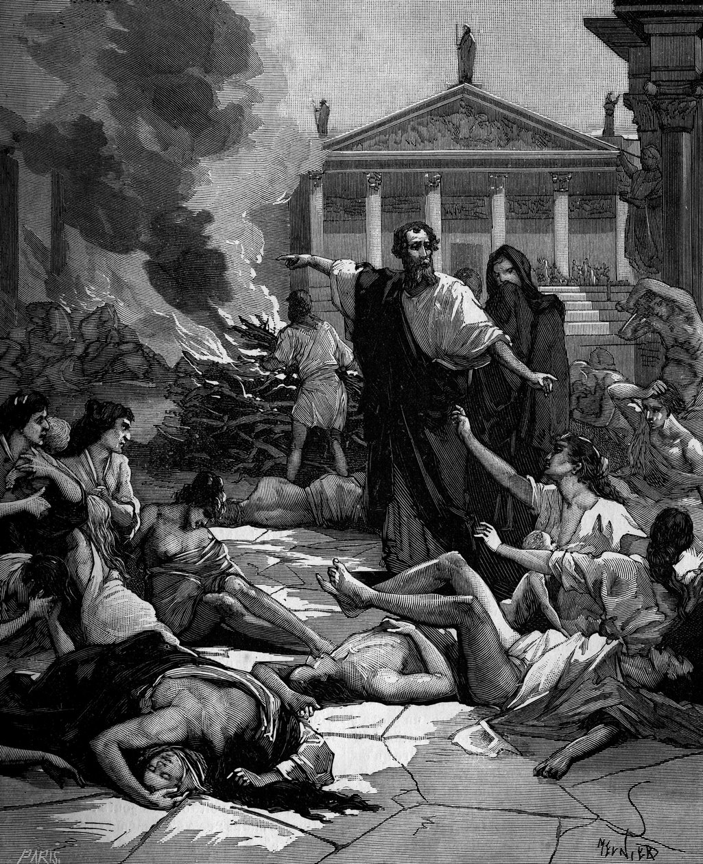 Hippokrates (på græsk Hippokrates) Græsk læge (460 til 380 f.Kr.) ankommer til Athen decima pesten ved at tænde store bål. af French School