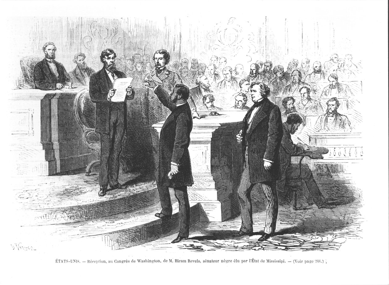 Hiram Revels, den første sorte senator i staten Mississippi, der bliver svoret ind i Washington-kongressen af French School