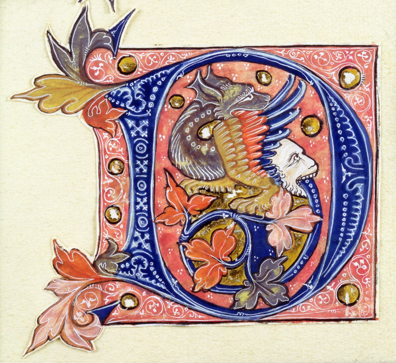 Historik initial D, der viser en fisk med et menneskehoved af French School