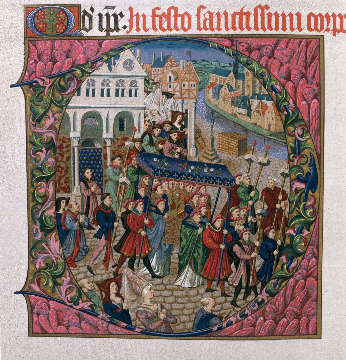 Historik initial D, der viser en religiøs procession på Place de Greve, Paris i det 15. århundrede (faksimileudgave af Missel de Jouvenel des Ursins) af French School
