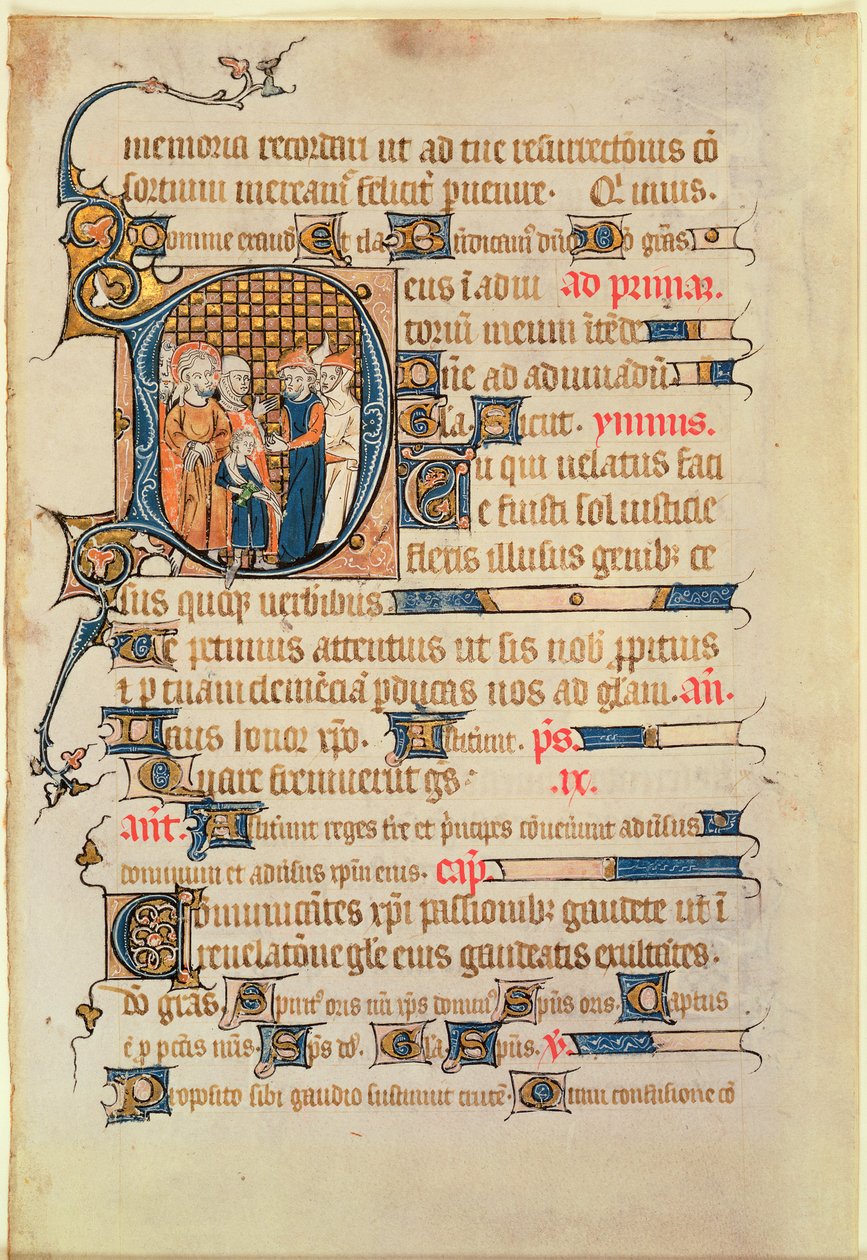 Historikert initial D fra en Psalter, 1340 (wc på vellum) af French School