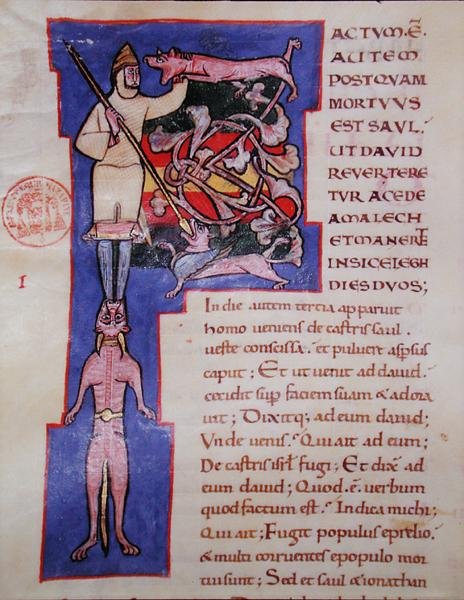 Historieret bogstav "P", der viser Sauls død, fra en latinsk bibel af French School