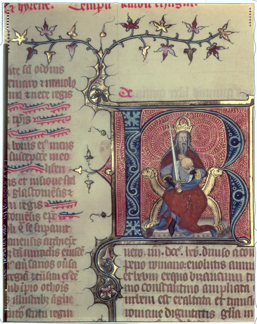 Historikert initial R, der forestiller kejser Karl den Store (742-814) af French School
