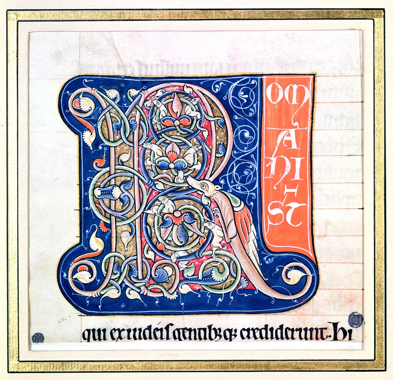 Historiseret bogstav "R" med et fletmønster med fantasidyr, fra Bibelen fra Saint-Andre aux-Bois af French School
