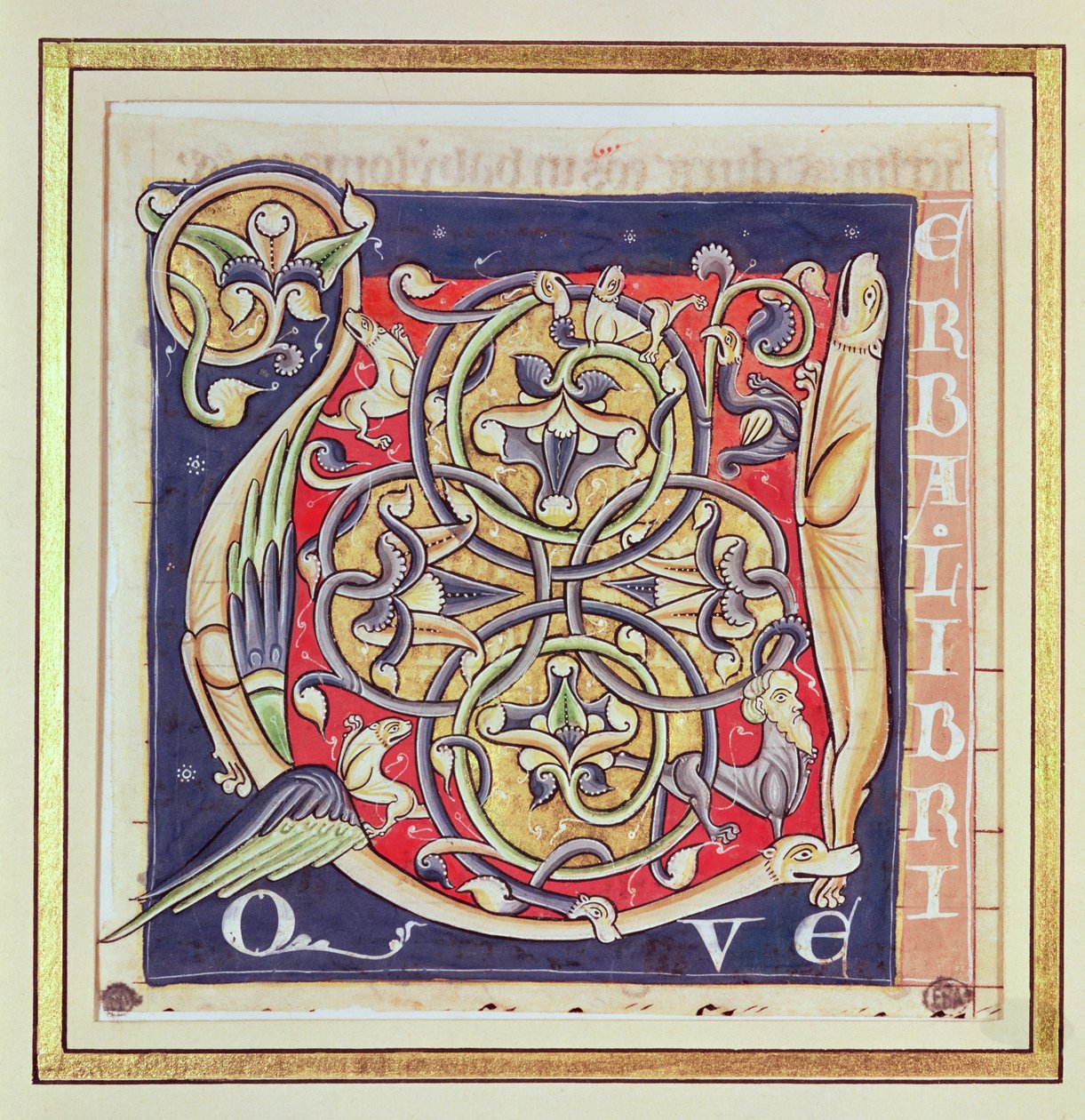 Historikert initial U, der viser et sammenflettet mønster og fantastiske dyr, fra Bibelen fra Saint-Andre aux-Bois af French School