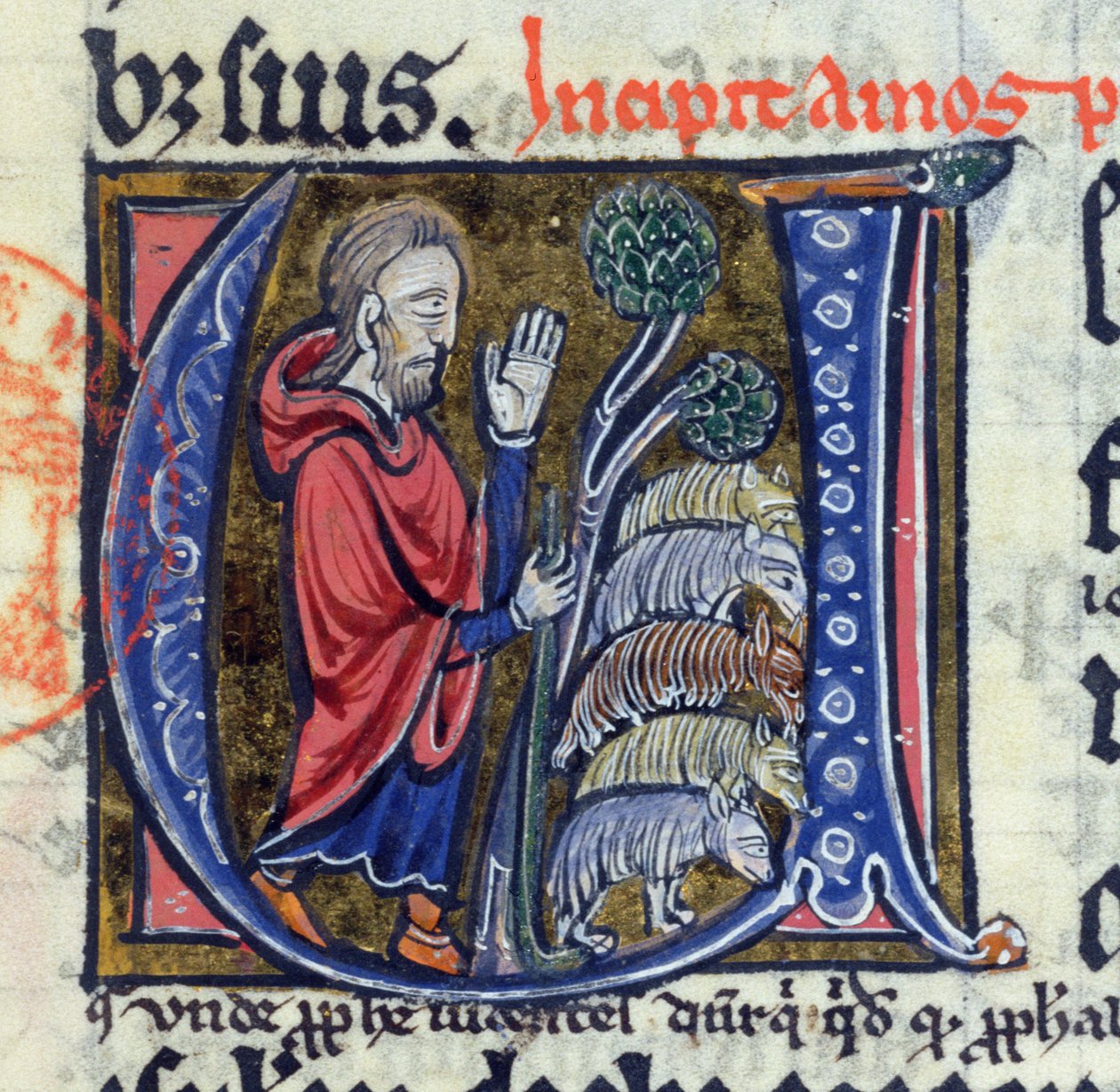 Historikert initial U, der viser profeten Amos, der leder sin flok, fra en latinsk bibel, 1300-tallet af French School