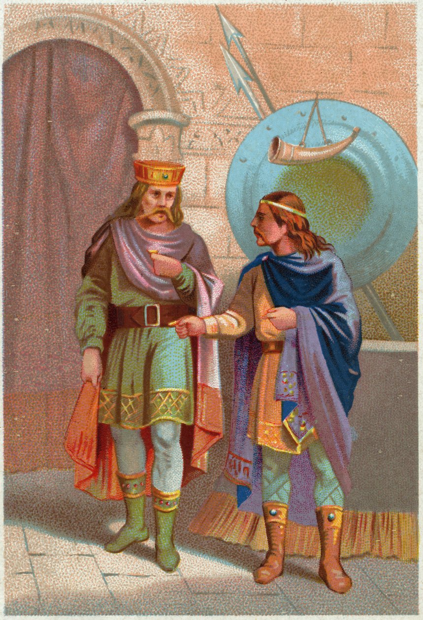 Historie. Frankrig. Childerik I, merovingerkonge, udvist af frankerne. Imagery, Frankrig, ca. 1900 (tryk) af French School