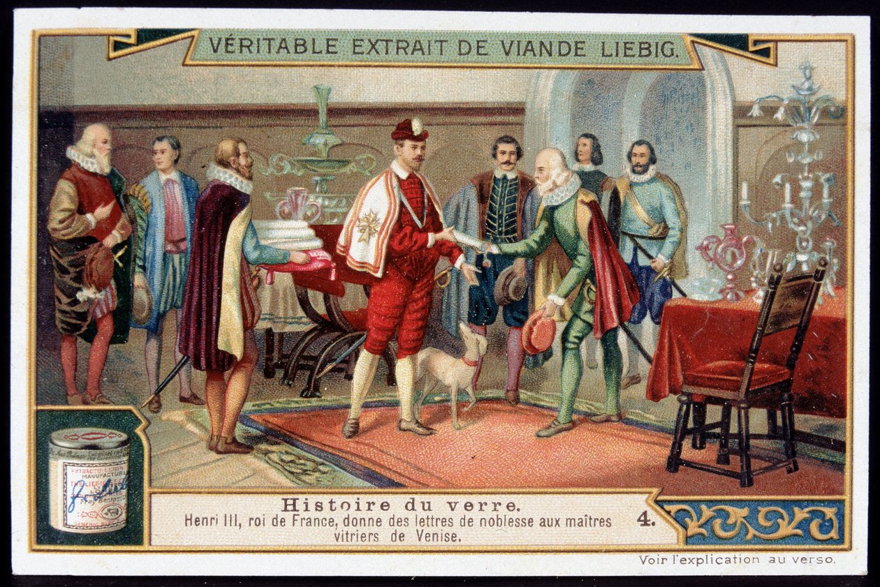 Glasshistorie: Henrik III (1551-1589) Kongen af Frankrig giver adelsbreve til glarmestermestrene i Venedig. Sent i det 19. århundrede liebig kromolitografi. af French School
