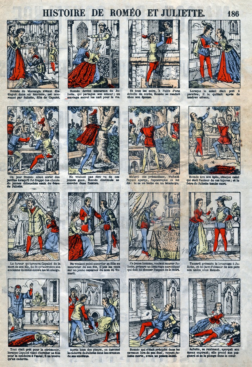 Romeo og Julies historie efter William Shakespeares skuespil (1564-1616). Epinal billeddannelse fra slutningen af det 19. århundrede. af French School
