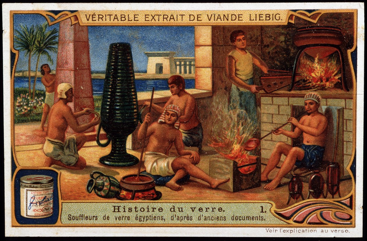 Glass historie: Egyptiske glaspustere, baseret på gamle dokumenter. Liebig kromolitografi af French School
