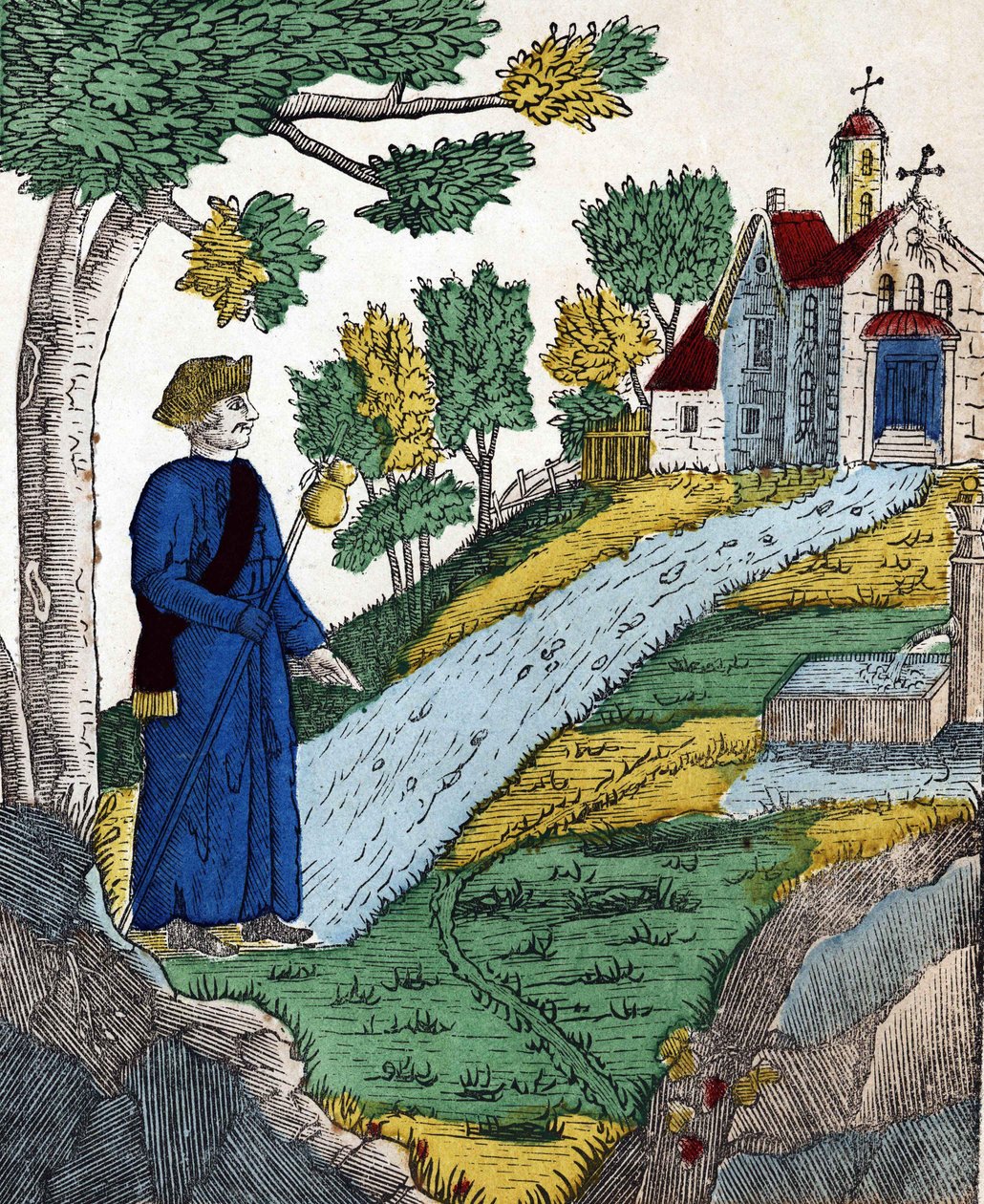 Historien om de fire sønner Aymon; Efter at have gjort Karl den Store til fange, tog Maugis til en eremitage for at gøre bod der, billede af en spinal fra det 19. århundrede. af French School