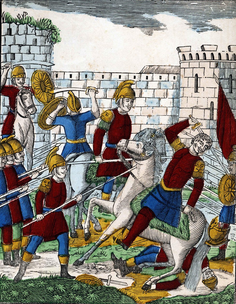 Historien om de fire sønner Aymon; Forræderen Ganélon, der ligger i et baghold i Soissons-dalen, dræber hertugen af Beauves d