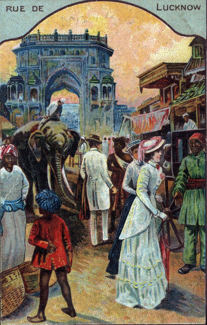 Turismens historie: Vestlige turister i en gade i Lucknow, Indien (vestlige turister i en gade i Lucknow, Indien) Kromolitografi af det 19. århundrede Privat samling af French School