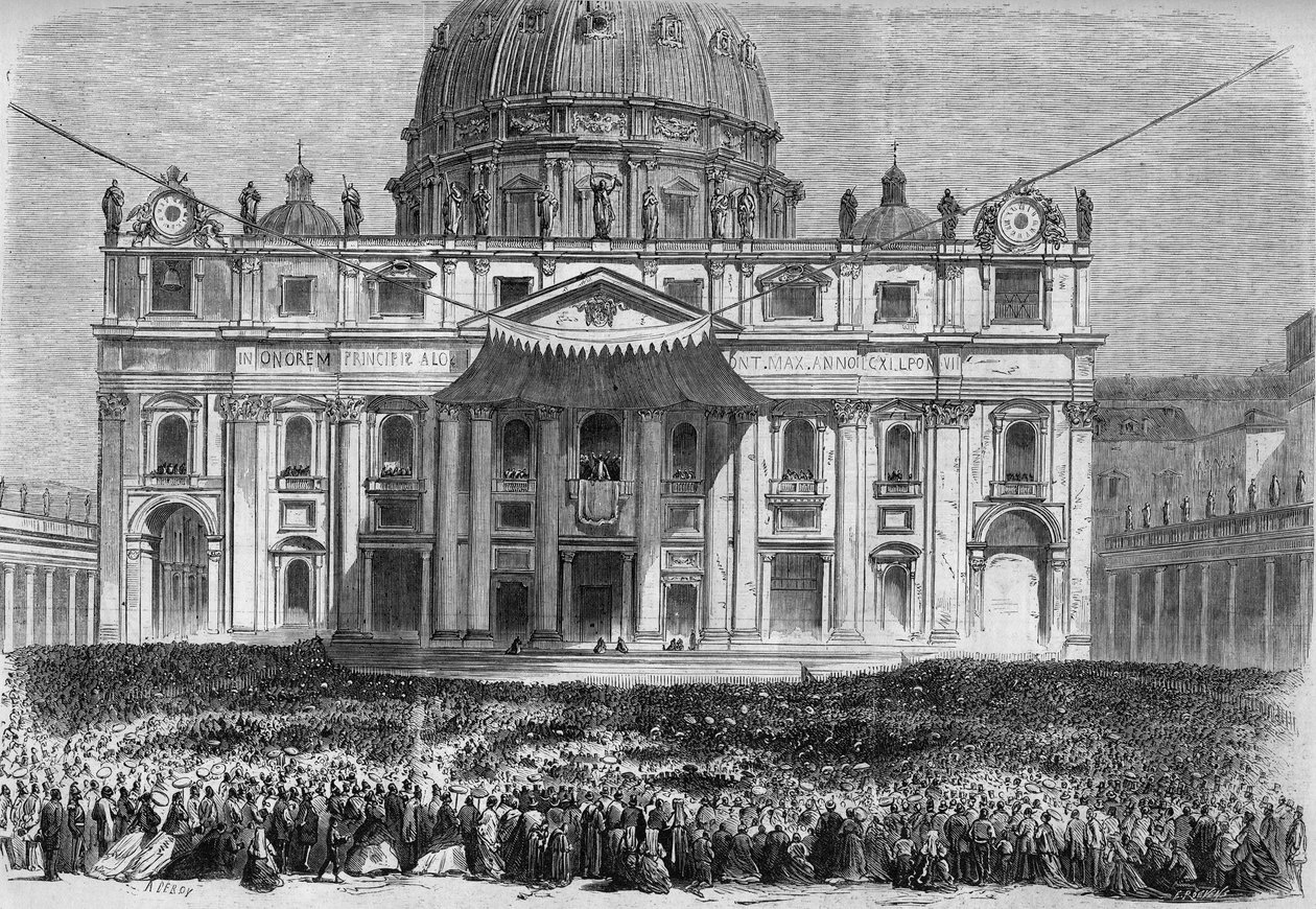 Hellig uge i Rom: udsigt over Peterspladsen i Rom (Piazza San Pietro) under velsignelsen "urbi et orbi" på hellig torsdag og påskesøndag. Indgravering i "" Le Monde Illustré"" nr. 526 af 11. maj 1867. af French School