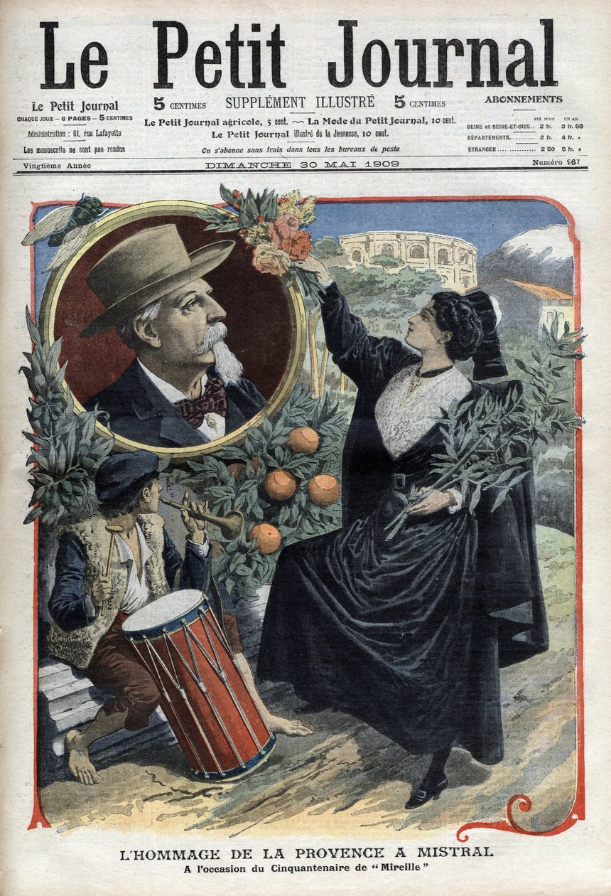 Hyldest af Provence til Frederic Mistral i anledning af halvtredsårsdagen for "" Mireille"" (1859) I "Le Petit Journal", maj 1909 (gravering) af French School