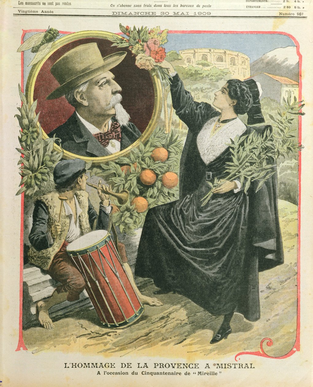 Hyldest til Frederic Mistral (1830-1914) på halvtredsårsdagen for udgivelsen af Mireille, illustration fra Le Petit Journal, 30. maj 1909 af French School