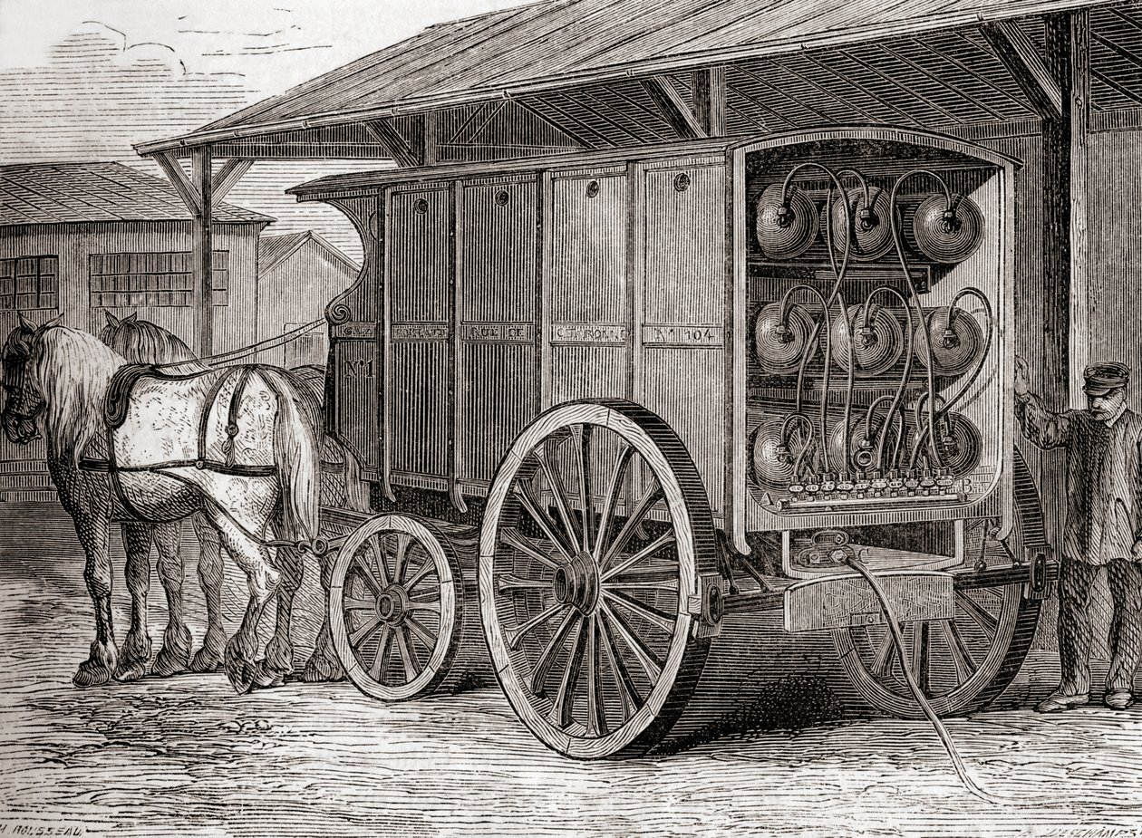 Hestetrukne køretøjer brugt til at transportere komprimeret gas i bærbare beholdere i det 19. århundrede, fra Les Merveilles de la Science, udgivet ca. 1870 (gravering) af French School