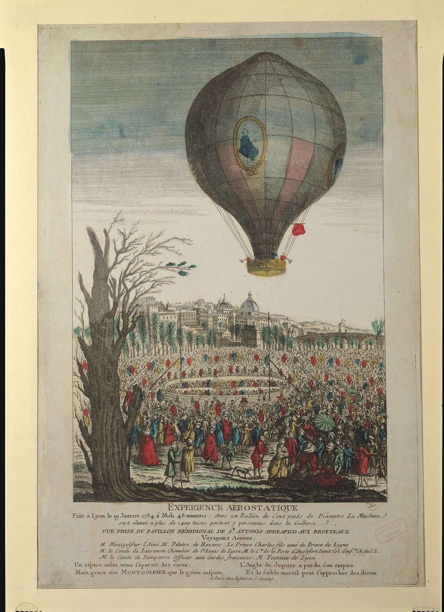 Varmluftsballoneksperiment af Montgolfier-brødrene og Francois Pilatre de Rozier (1754-85) i Lyon, 19. januar 1784 af French School