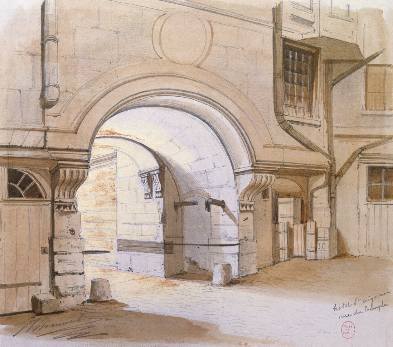 Hotel de Saint-Aignan, Rue du Temple, Paris (blyant og wc på papir) af French School