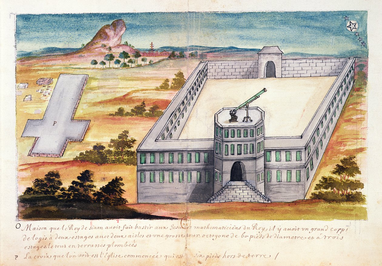 Hus og observatorium bygget af kongen af Siam til jesuitternes matematikere, ud fra en beretning om jesuitterne i Siam, 1688 (wc på papir) af French School