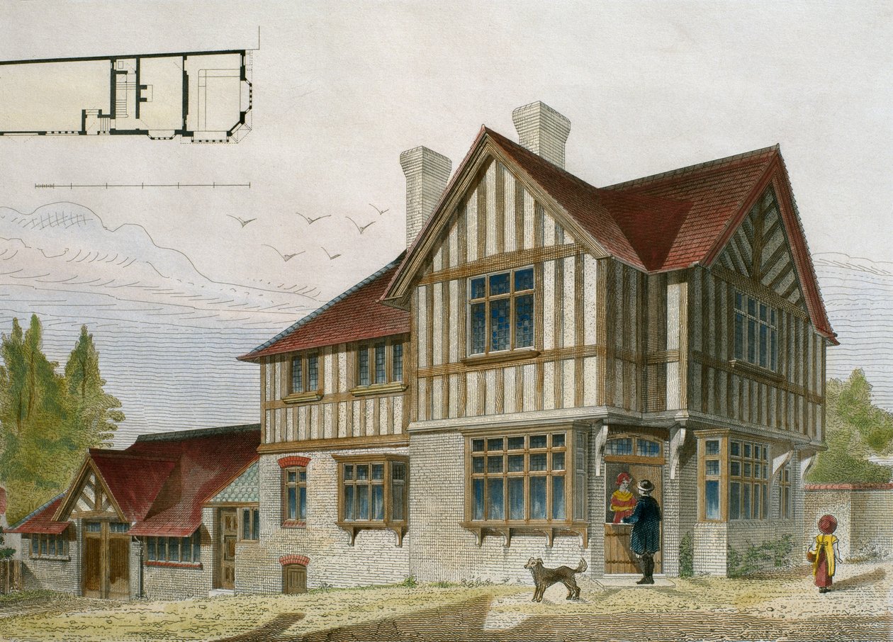 En lille butiksindehavers hus i London-området, illustration fra Le Moniteur des architectes, 1884, indgraveret af Paul Louis Bury (1800-tallet) (farvegravering) af French School