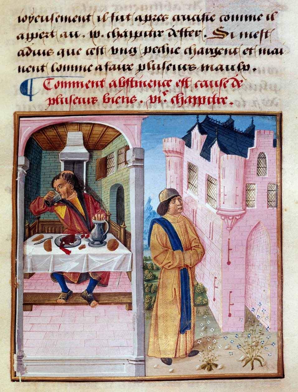 Hvordan afholdenhed er årsagen til mange goder: til venstre en mand, der er et par af grådighed og drikker med exces, og til højre en ædru mand, der nærer dyden og mestrer kødet. Miniature fra "Le livre de bonnes moreurs de Jacques Legrand" af French School