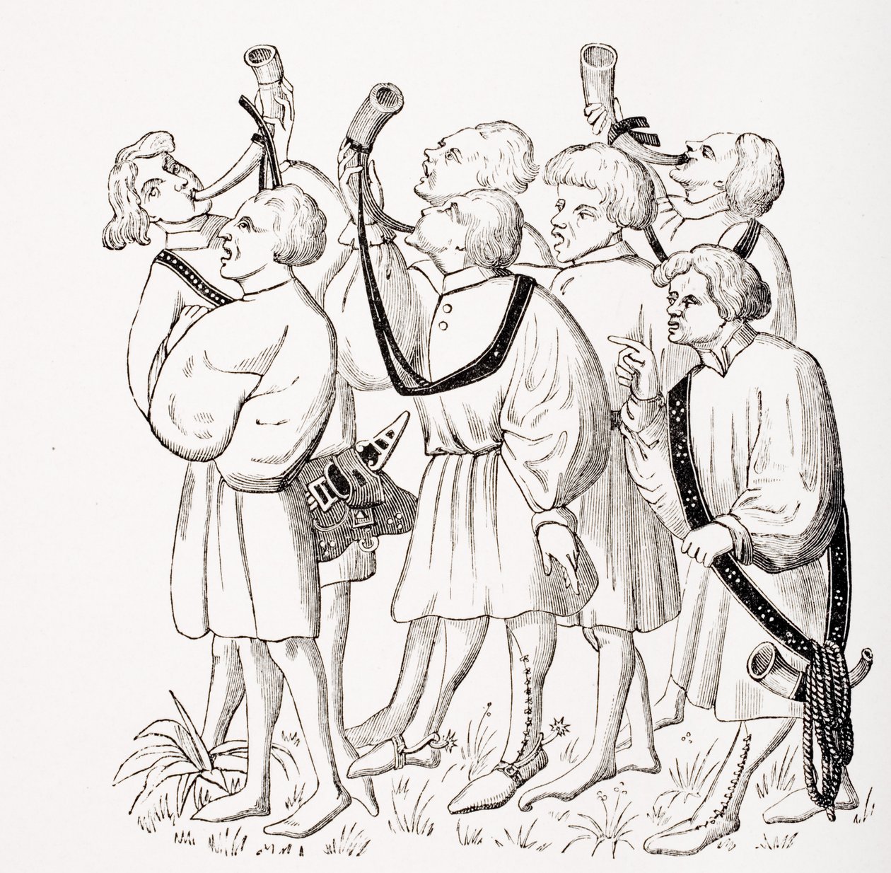 How to Shout and Blow Horns, efter en miniature i det 15. århundredes manuskript af Phoebus, fra 