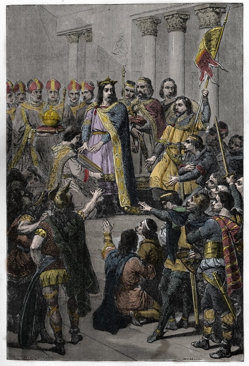 Hugh Capet valgt til konge - kroning af Hugues Capet (ca. 941-996), konge af Frankrig, 3. juli 987 i Noyon, af Adalberon (ca. 925-990), arkevek i Reims. af French School