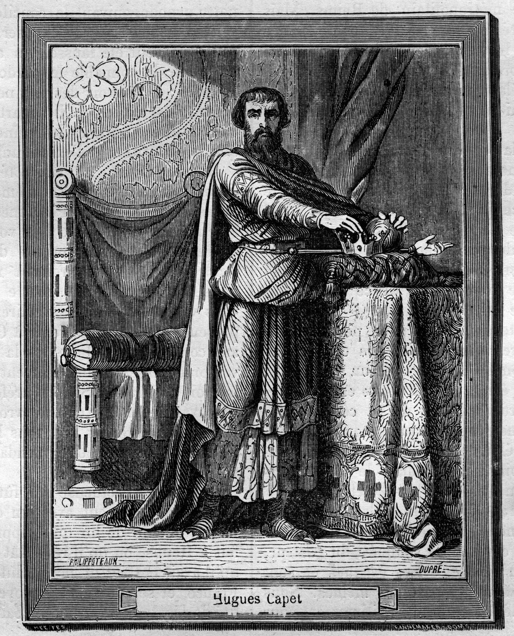 Hugues Capet (940-996) frankernes konge (nederst) Indgravering i "Historien om paver-konger-dronninger-og-kejsere gennem århundrederne"" af Maurice Lachatre af French School